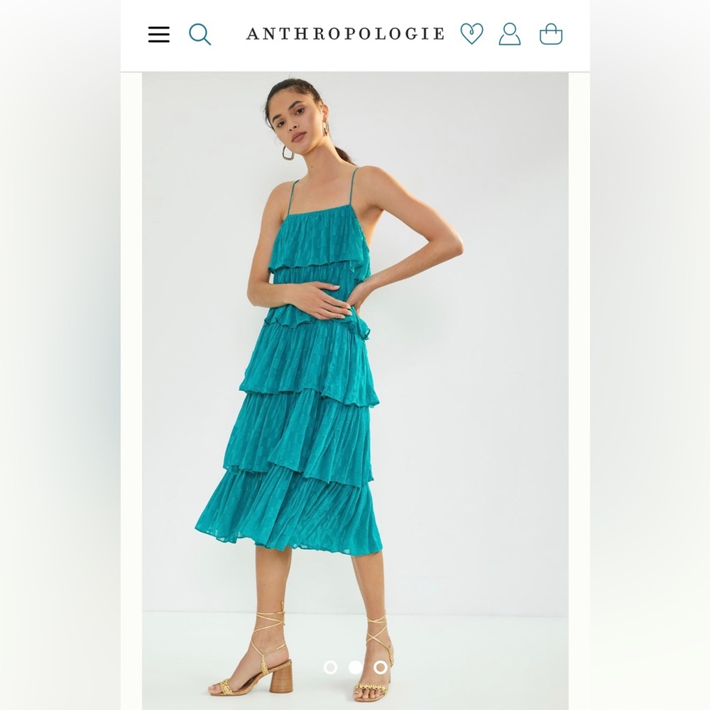 Anthropologie Tiered Ruffled Midi Dress blue green teal turquoise color Size S
